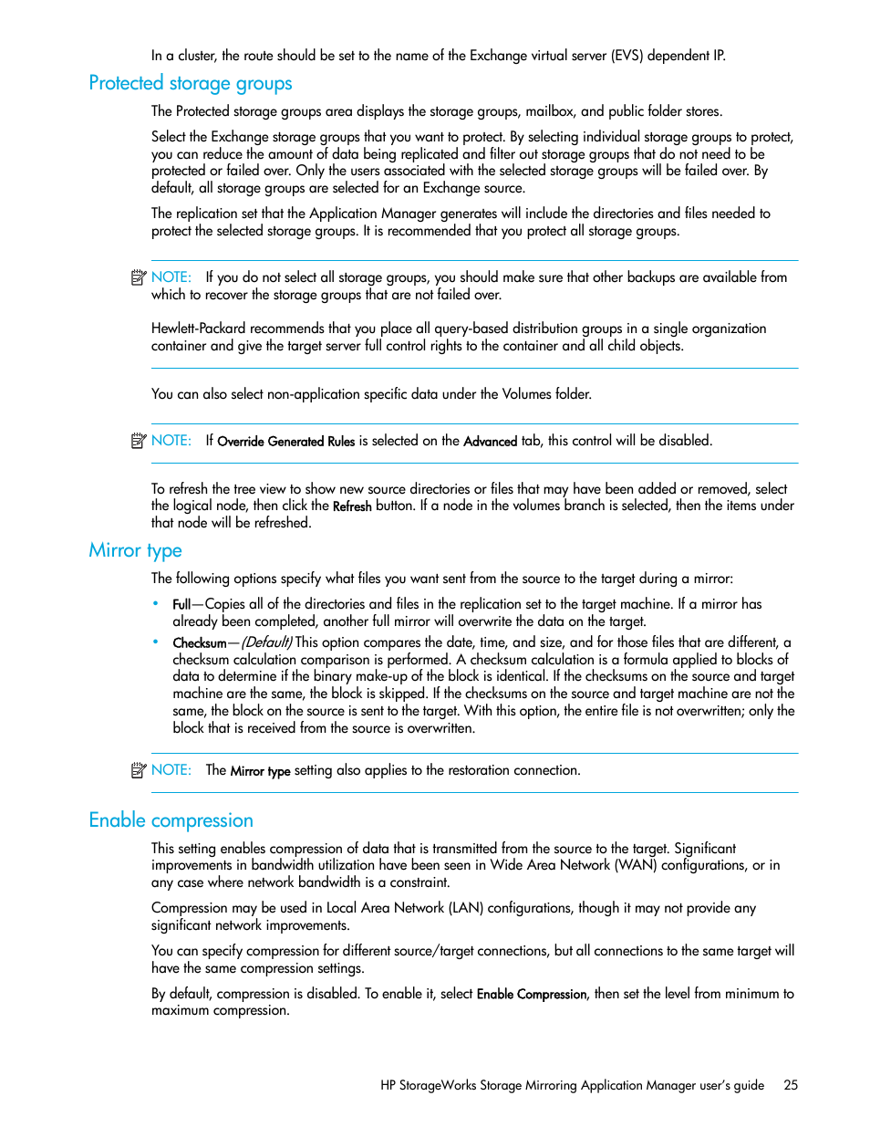 Protected storage groups, Mirror type, Enable compression | HP Storage Mirroring V5 Software User Manual | Page 35 / 132