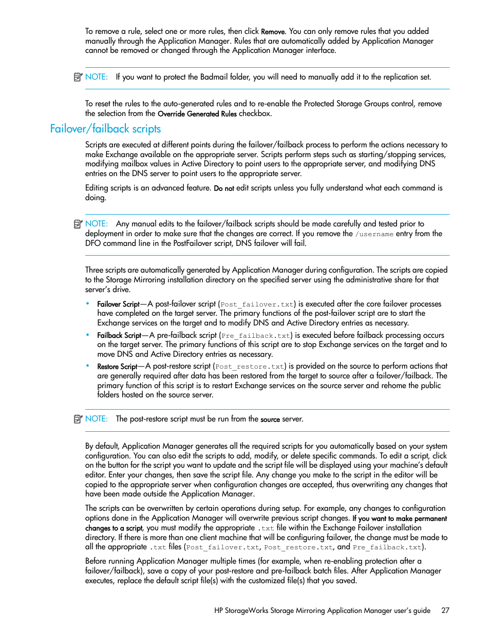 Failover/failback scripts | HP Storage Mirroring V5 Software User Manual | Page 37 / 132