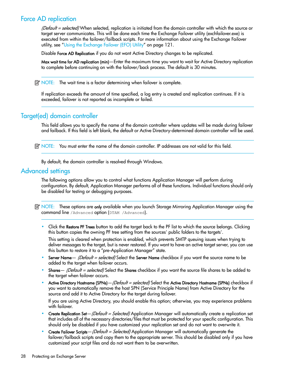 Force ad replication, Target(ed) domain controller, Advanced settings | HP Storage Mirroring V5 Software User Manual | Page 38 / 132
