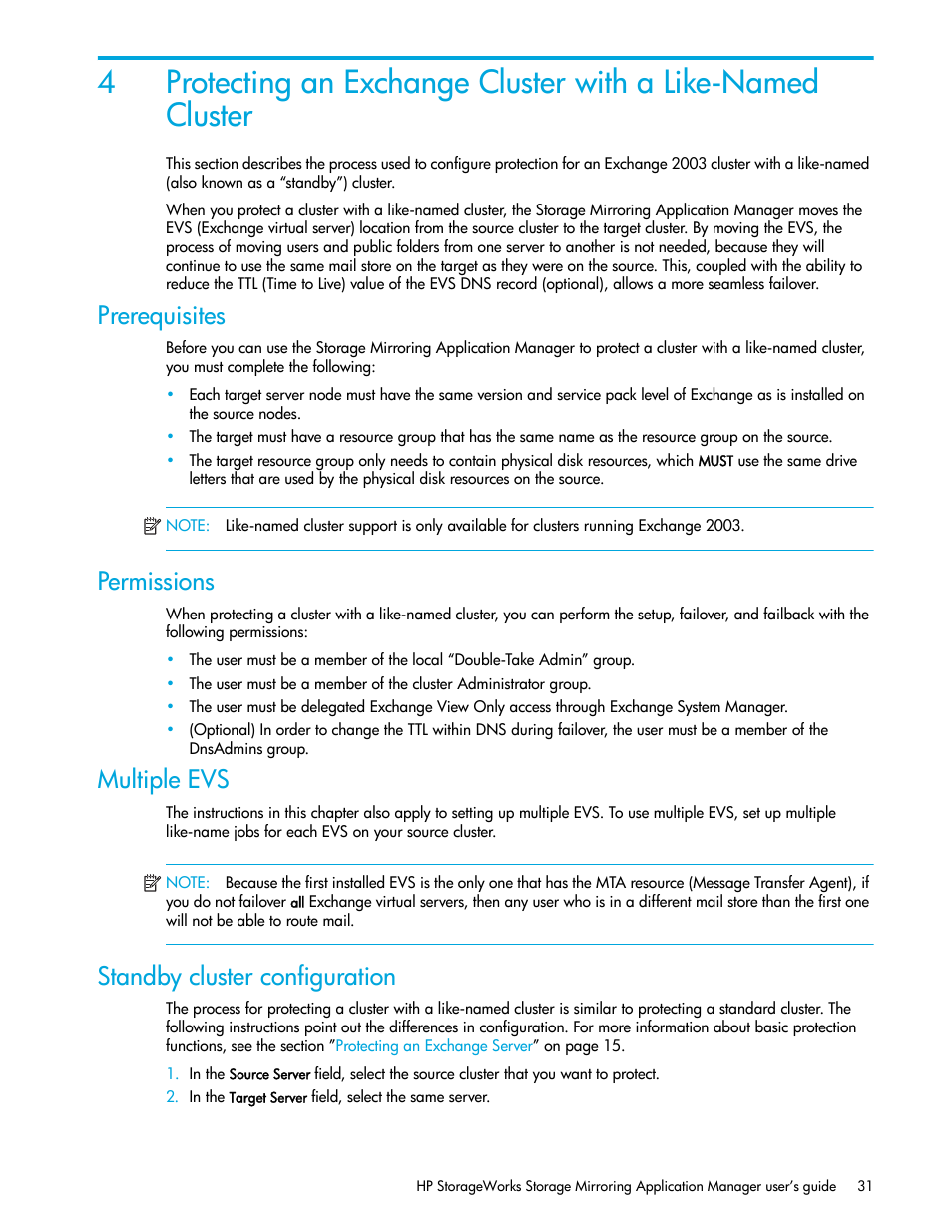 Prerequisites, Permissions, Multiple evs | Standby cluster configuration | HP Storage Mirroring V5 Software User Manual | Page 41 / 132