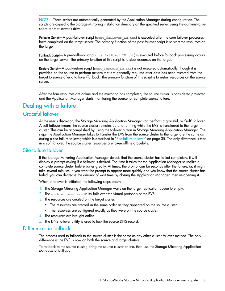 Dealing with a failure, Graceful failover, Site failure failover | Differences in failback | HP Storage Mirroring V5 Software User Manual | Page 45 / 132