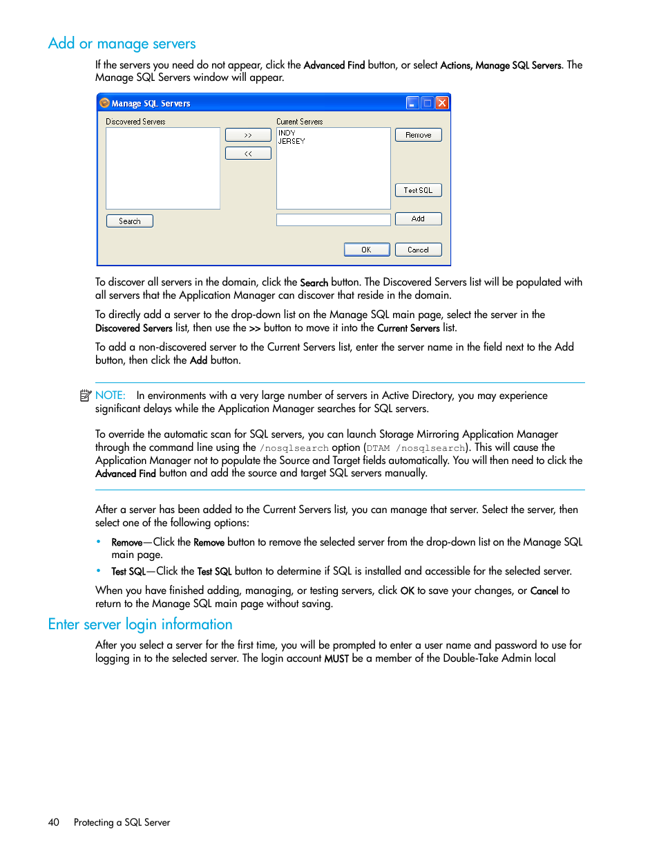 Add or manage servers, Enter server login information | HP Storage Mirroring V5 Software User Manual | Page 50 / 132
