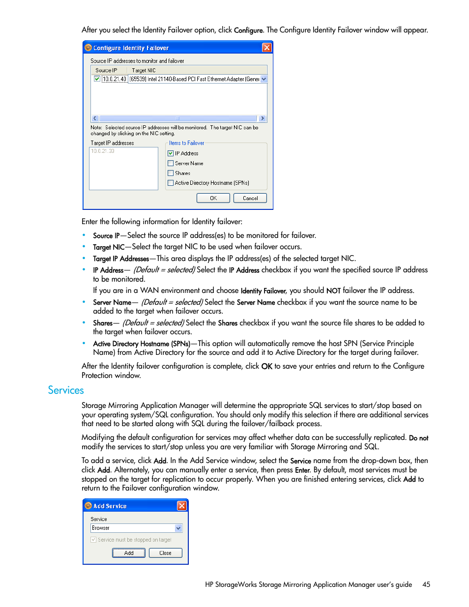 Services | HP Storage Mirroring V5 Software User Manual | Page 55 / 132