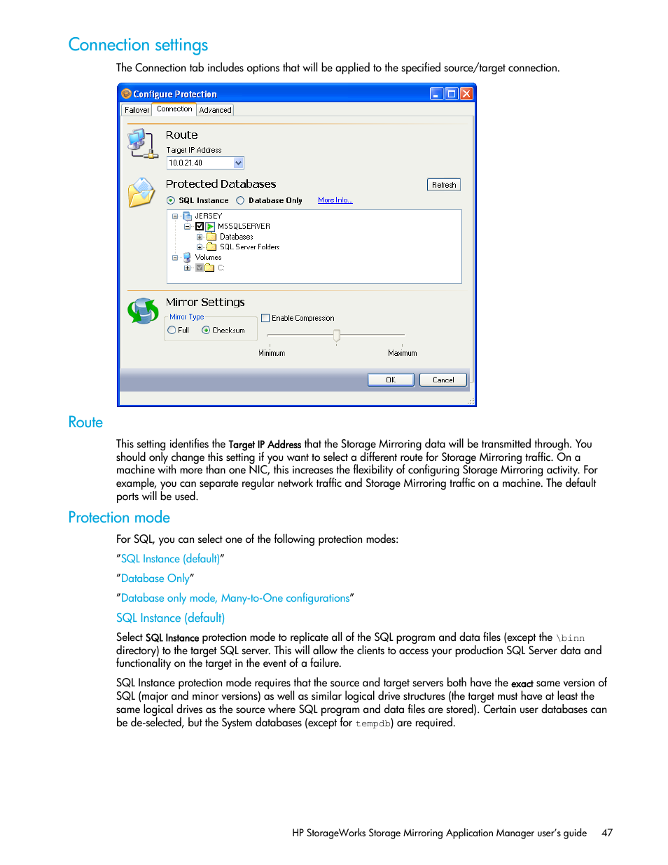 Connection settings, Route, Protection mode | Sql instance (default) | HP Storage Mirroring V5 Software User Manual | Page 57 / 132