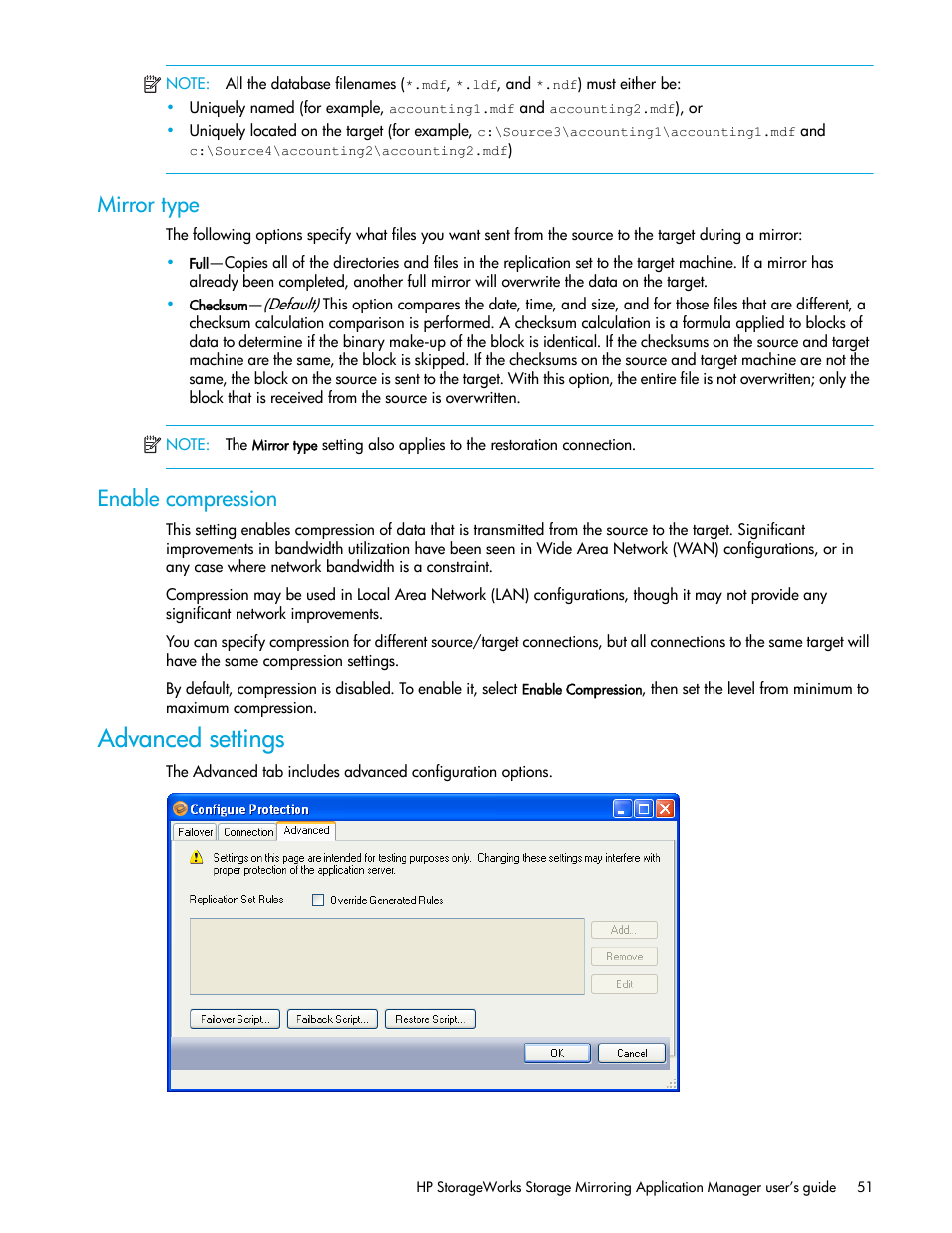 Mirror type, Enable compression, Advanced settings | HP Storage Mirroring V5 Software User Manual | Page 61 / 132