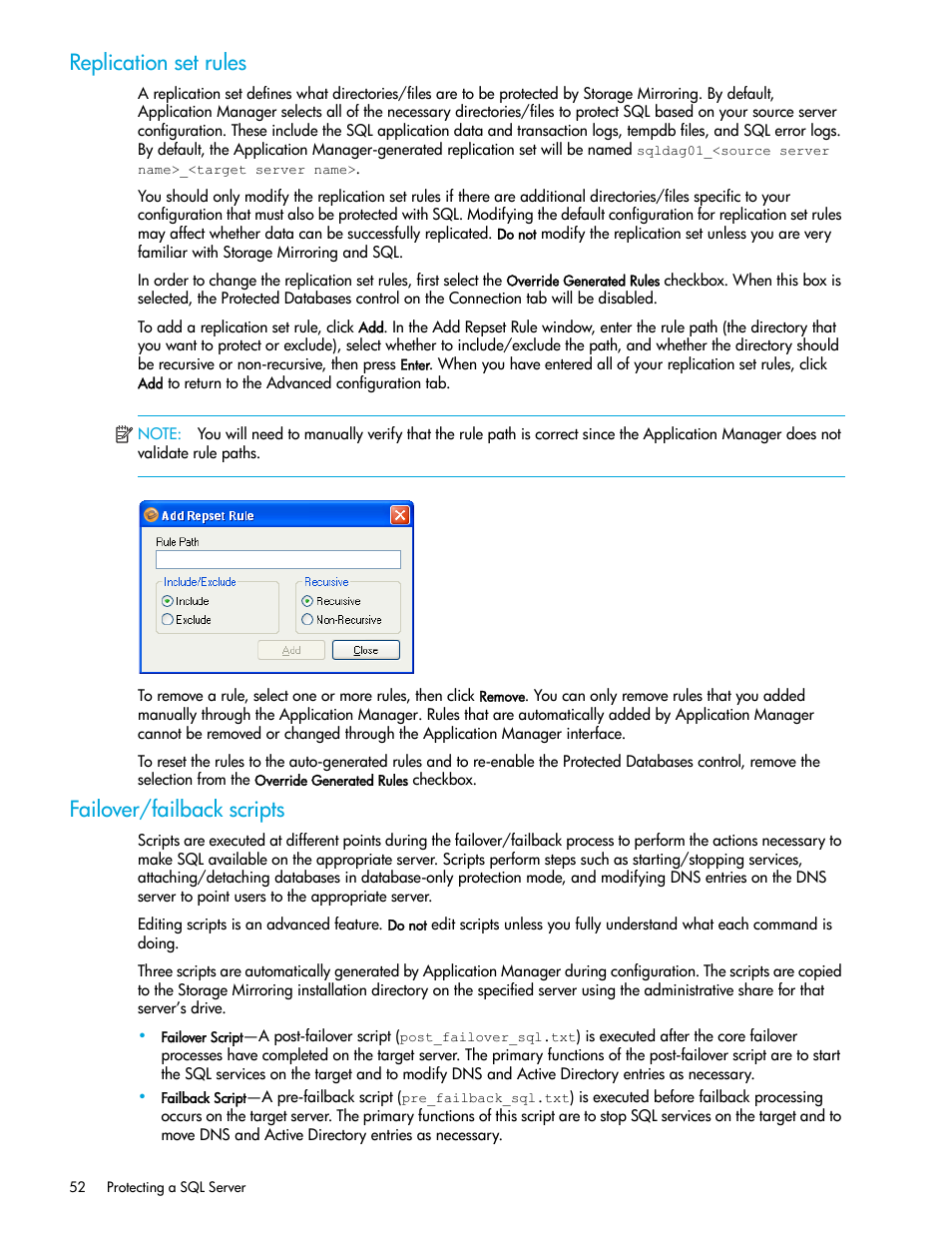 Replication set rules, Failover/failback scripts | HP Storage Mirroring V5 Software User Manual | Page 62 / 132