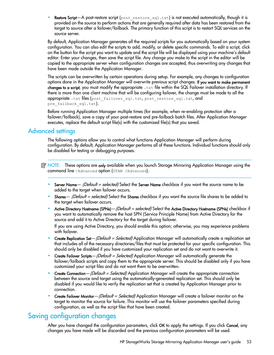 Advanced settings, Saving configuration changes | HP Storage Mirroring V5 Software User Manual | Page 63 / 132