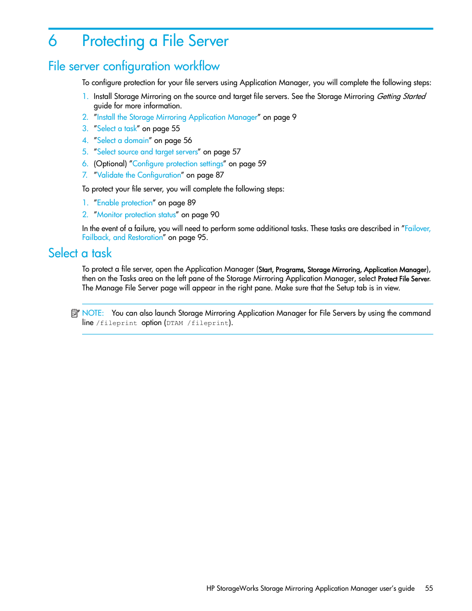 Protecting a file server, File server configuration workflow, Select a task | 6 protecting a file server, Protecting a file, Server, 6protecting a file server | HP Storage Mirroring V5 Software User Manual | Page 65 / 132