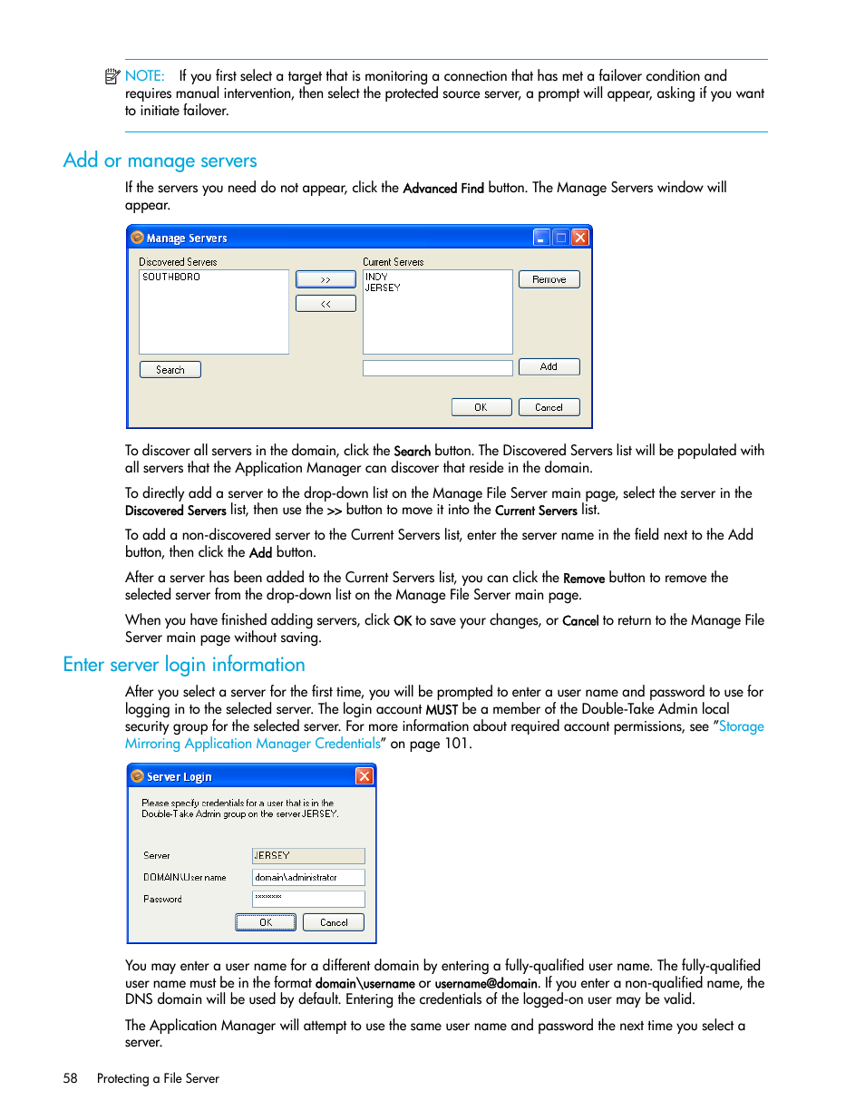 Add or manage servers, Enter server login information | HP Storage Mirroring V5 Software User Manual | Page 68 / 132