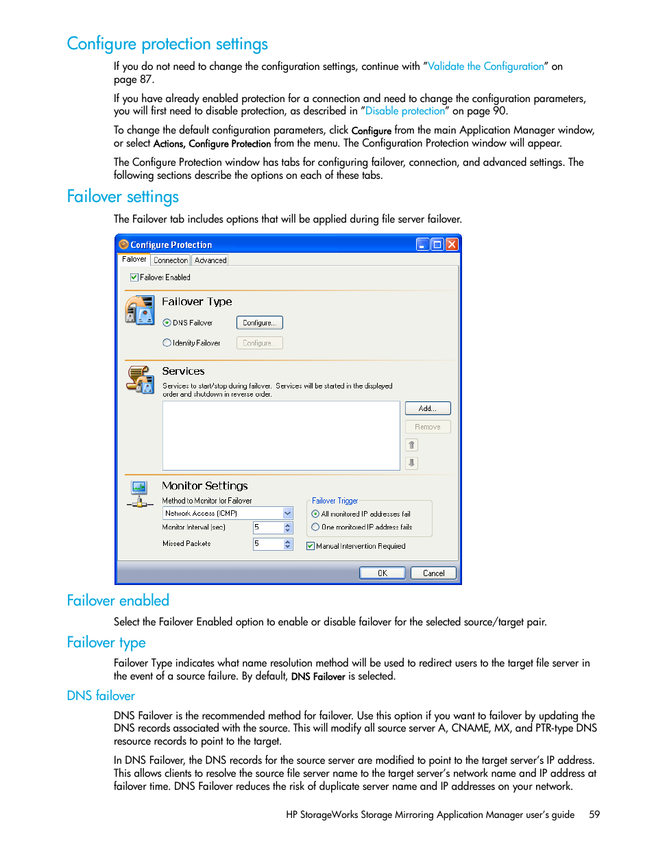 Configure protection settings, Failover settings, Failover enabled | Failover type, Dns failover | HP Storage Mirroring V5 Software User Manual | Page 69 / 132