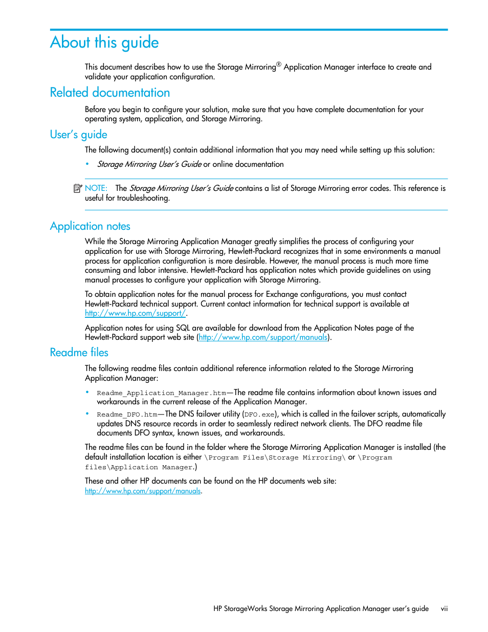 Related documentation, User’s guide, Application notes | Readme files, About this guide | HP Storage Mirroring V5 Software User Manual | Page 7 / 132