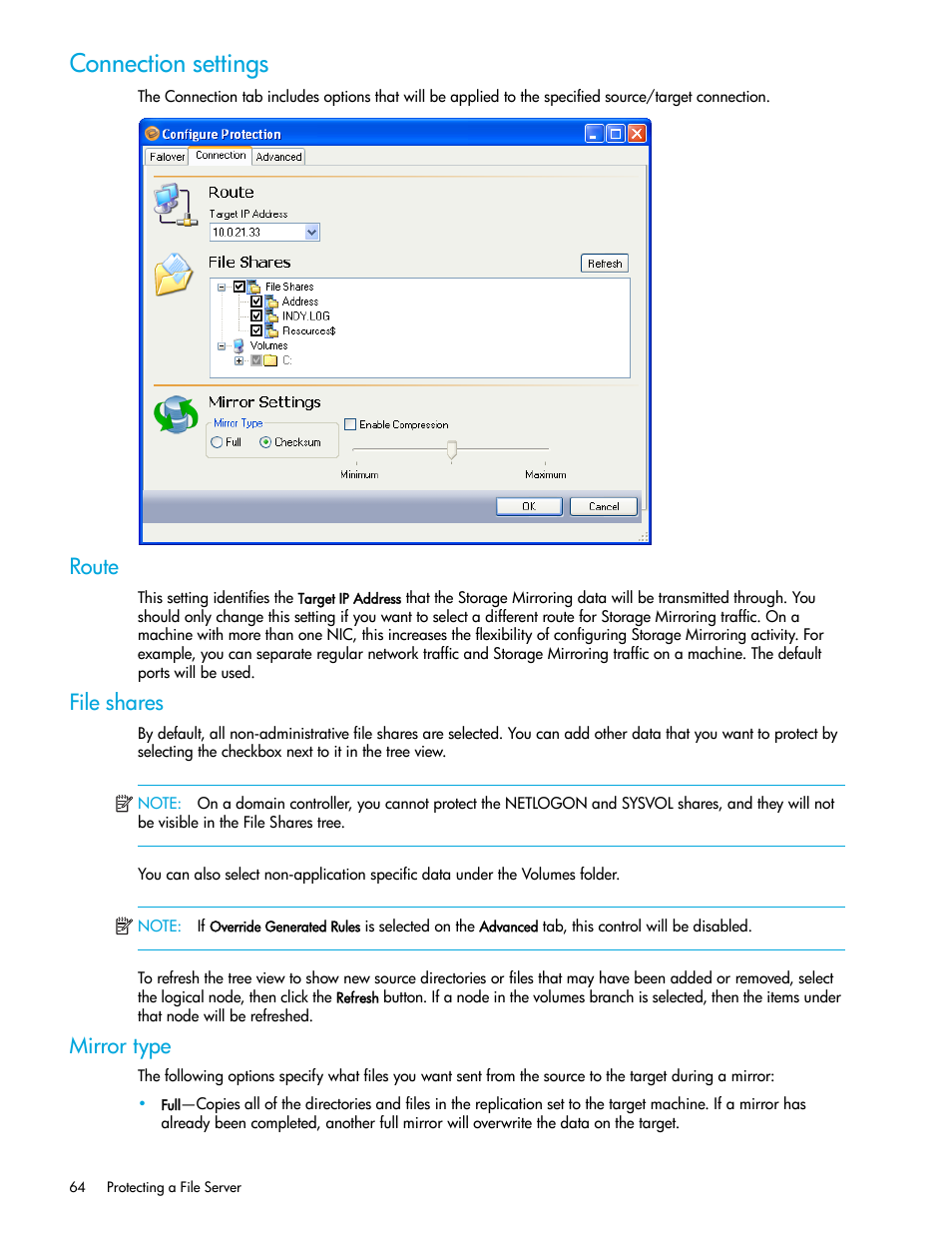 Connection settings, Route, File shares | Mirror type | HP Storage Mirroring V5 Software User Manual | Page 74 / 132