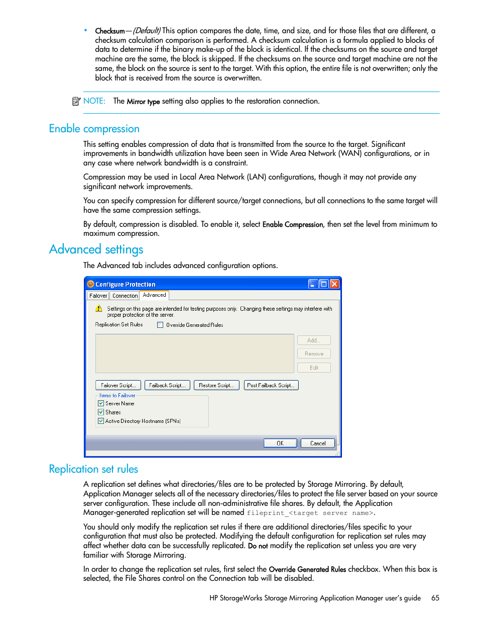 Enable compression, Advanced settings, Replication set rules | HP Storage Mirroring V5 Software User Manual | Page 75 / 132