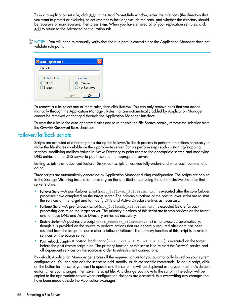 Failover/failback scripts | HP Storage Mirroring V5 Software User Manual | Page 76 / 132