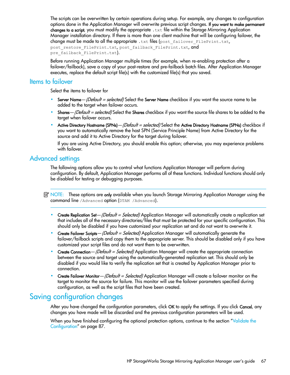 Items to failover, Advanced settings, Saving configuration changes | HP Storage Mirroring V5 Software User Manual | Page 77 / 132