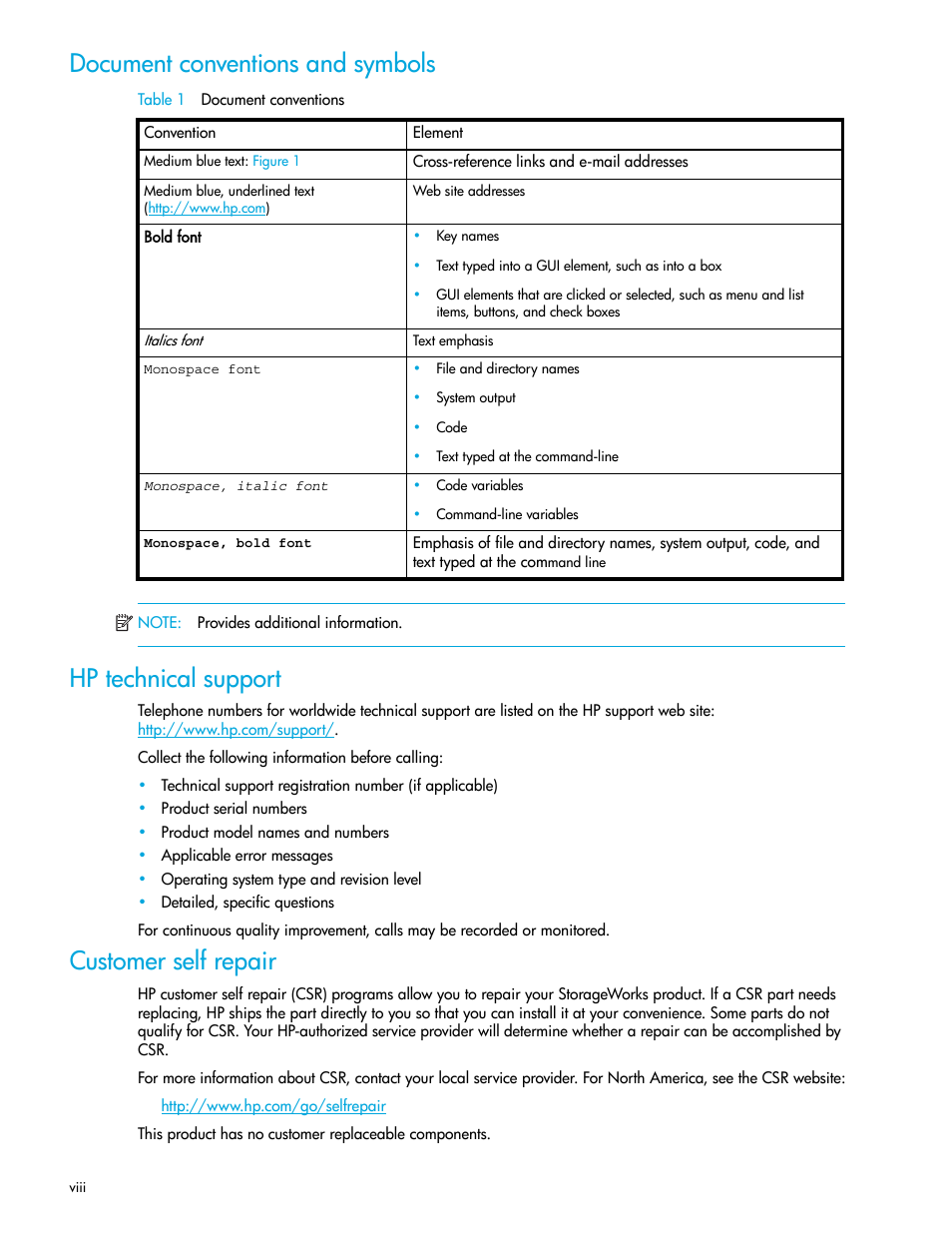 Document conventions and symbols, Table 1 document conventions, Hp technical support | Customer self repair | HP Storage Mirroring V5 Software User Manual | Page 8 / 132