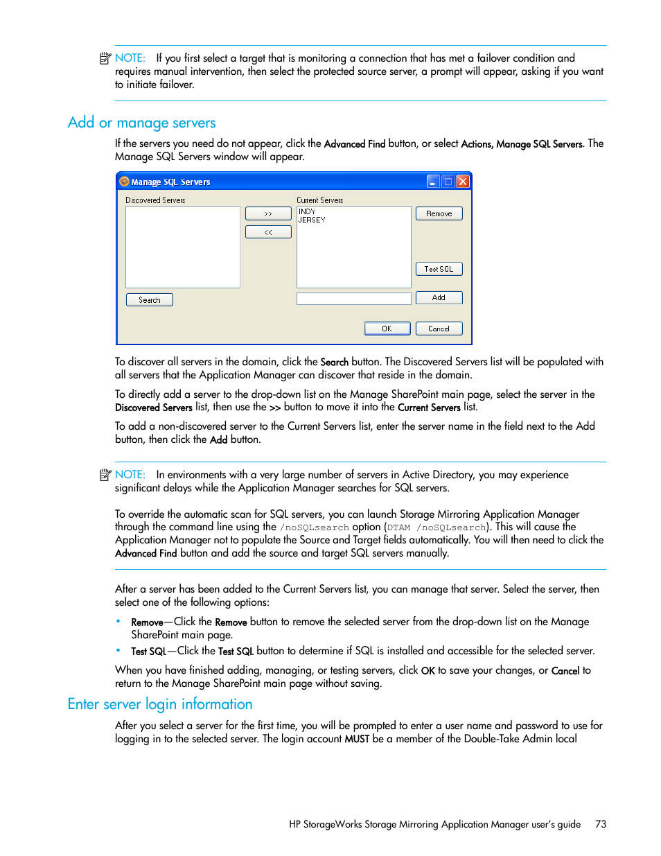 Add or manage servers, Enter server login information, Add or manage | Servers | HP Storage Mirroring V5 Software User Manual | Page 83 / 132