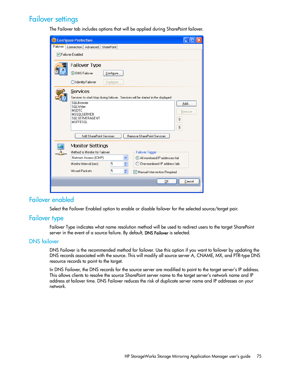 Failover settings, Failover enabled, Failover type | Dns failover | HP Storage Mirroring V5 Software User Manual | Page 85 / 132