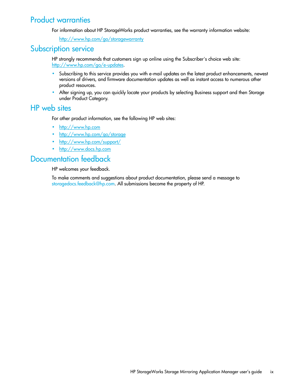 Product warranties, Subscription service, Hp web sites | Documentation feedback | HP Storage Mirroring V5 Software User Manual | Page 9 / 132