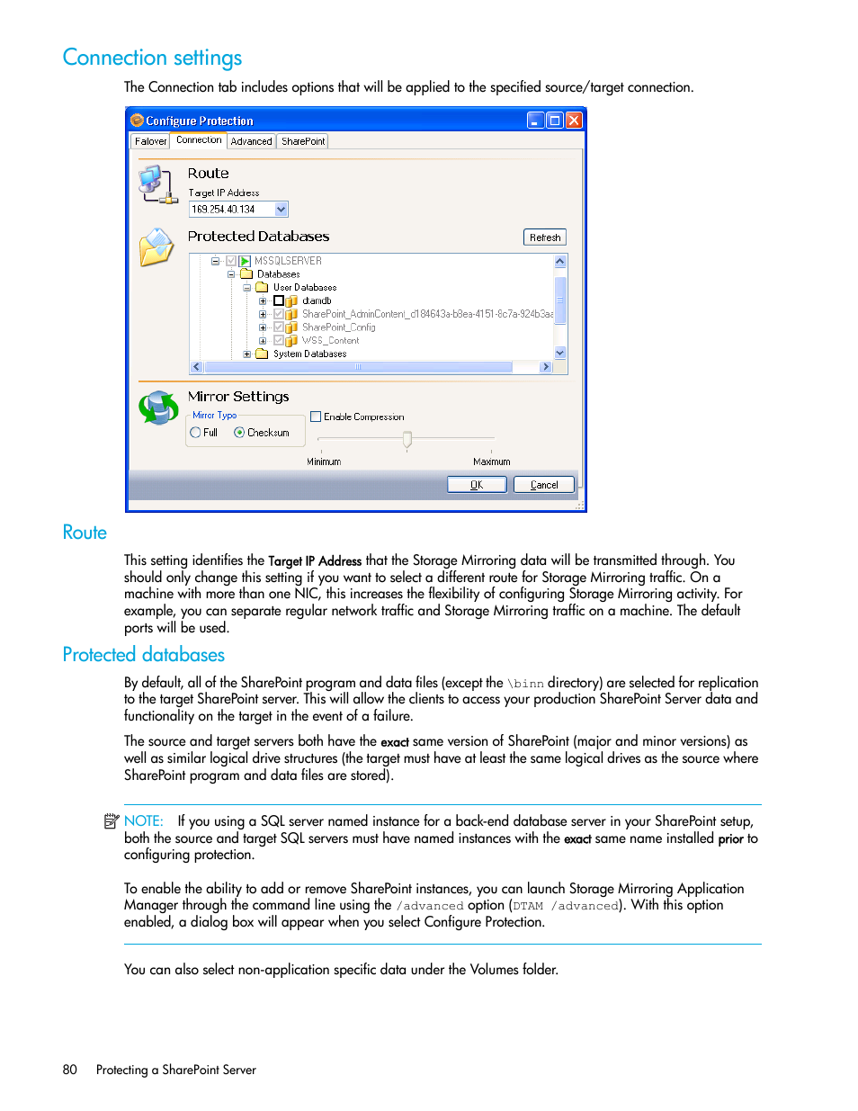 Connection settings, Route, Protected databases | HP Storage Mirroring V5 Software User Manual | Page 90 / 132