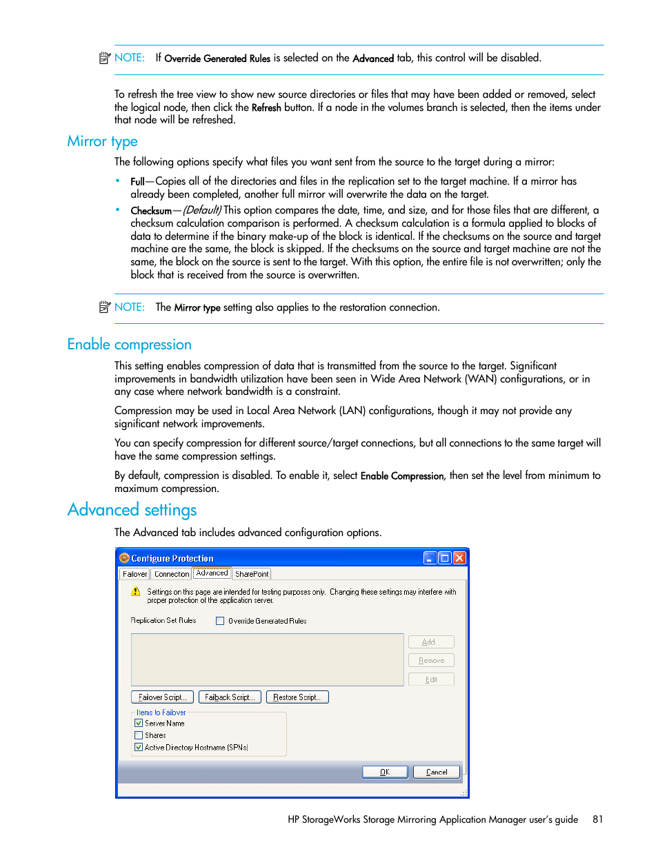 Mirror type, Enable compression, Advanced settings | HP Storage Mirroring V5 Software User Manual | Page 91 / 132