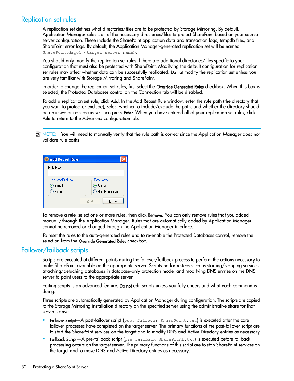 Replication set rules, Failover/failback scripts | HP Storage Mirroring V5 Software User Manual | Page 92 / 132