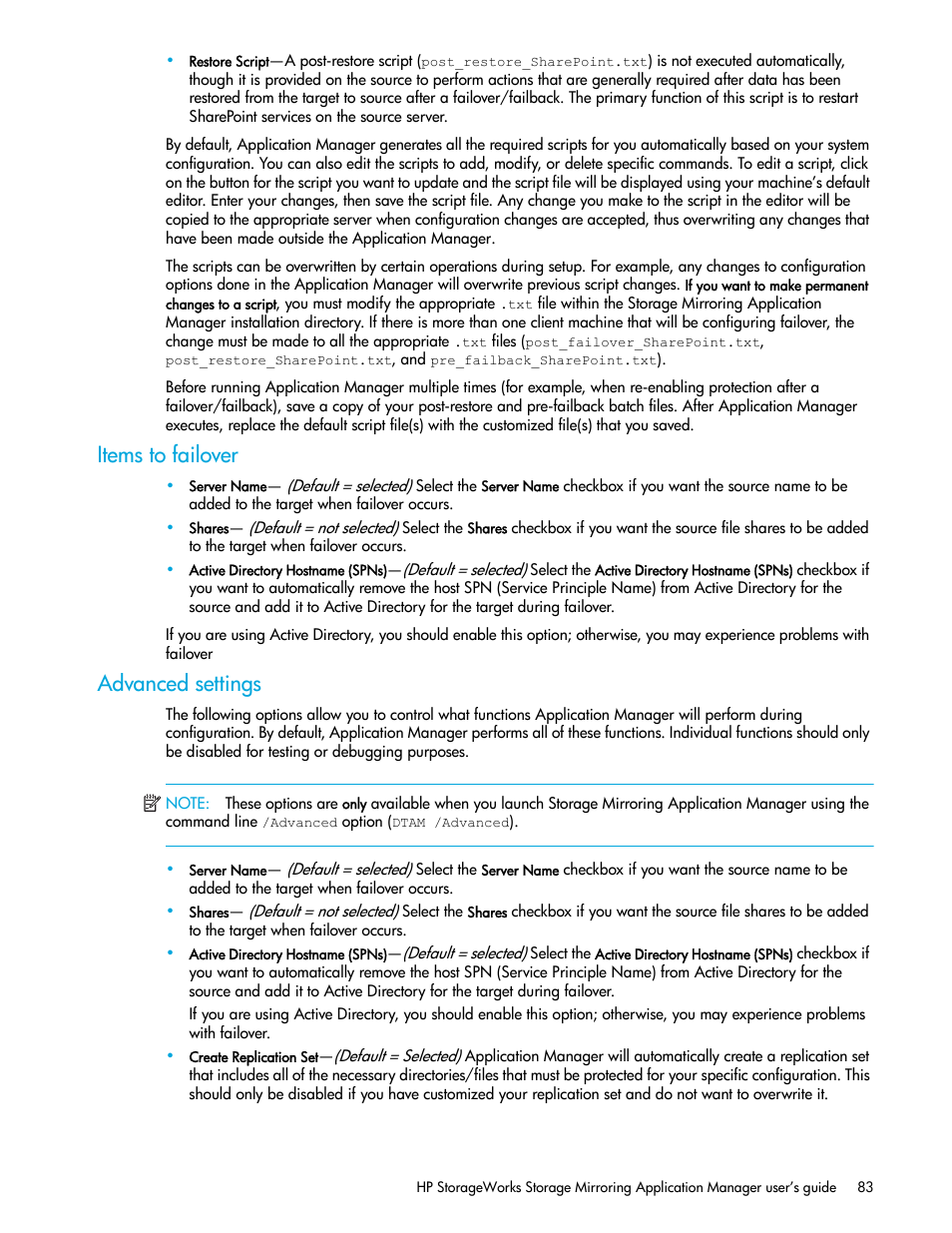 Items to failover, Advanced settings | HP Storage Mirroring V5 Software User Manual | Page 93 / 132