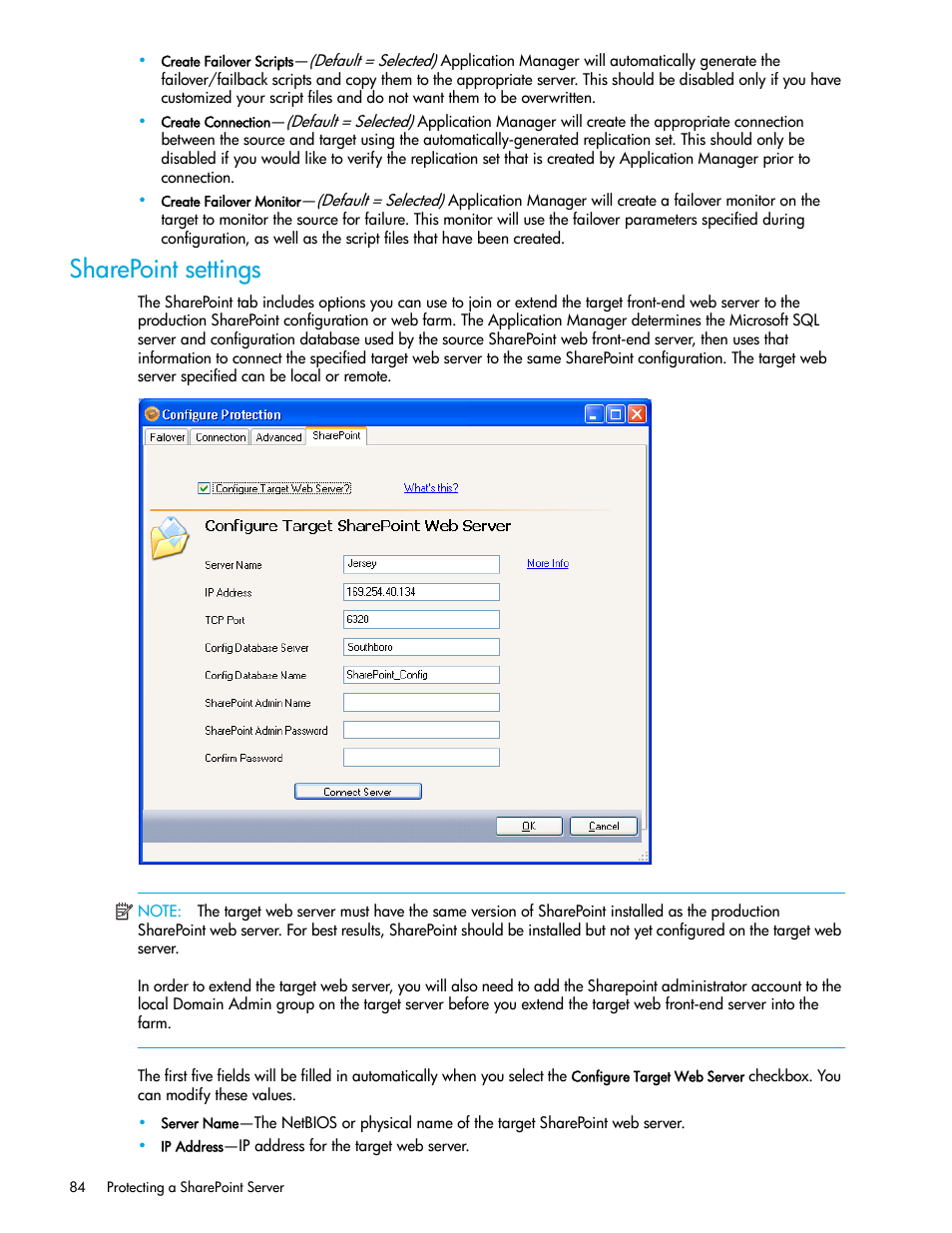Sharepoint settings | HP Storage Mirroring V5 Software User Manual | Page 94 / 132