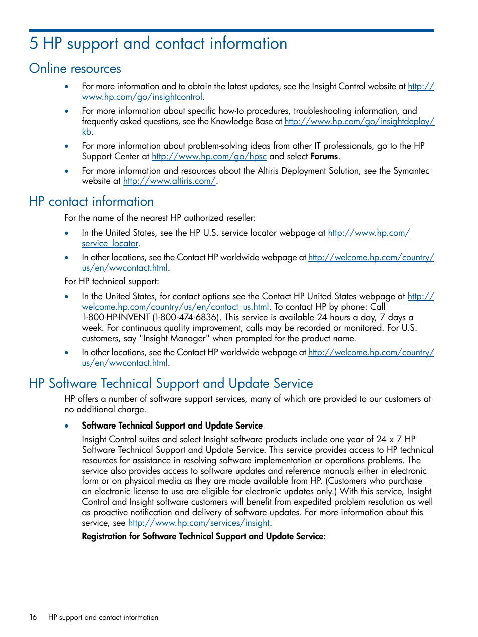 5 hp support and contact information, Online resources, Hp contact information | Hp software technical support and update service | HP Insight Control User Manual | Page 16 / 18