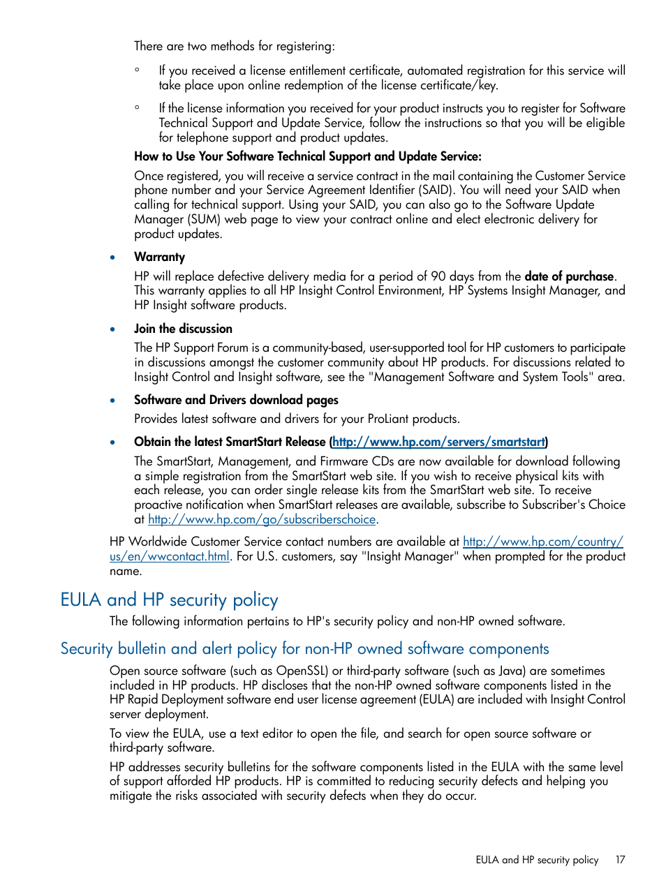 Eula and hp security policy | HP Insight Control User Manual | Page 17 / 18