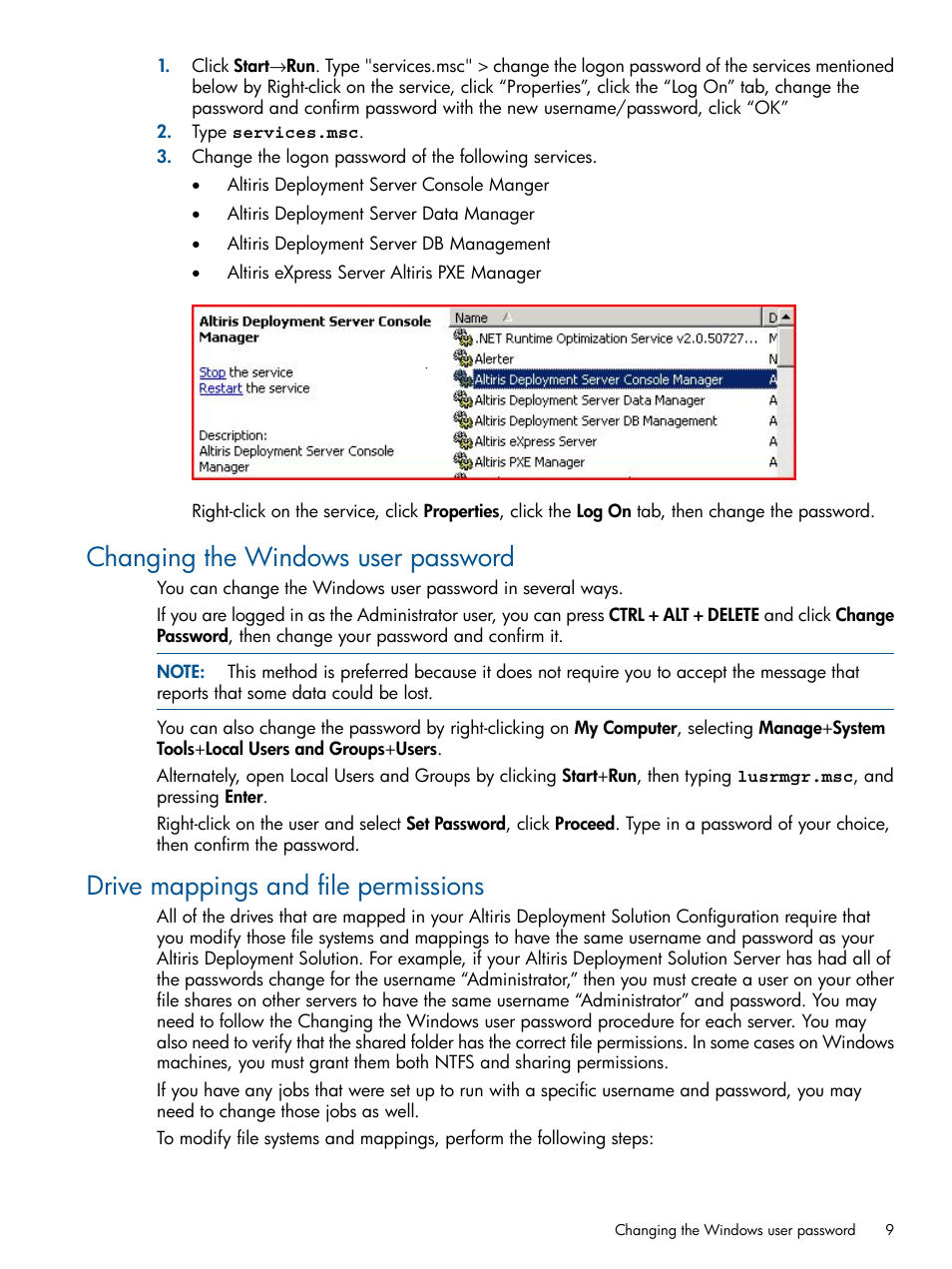 Changing the windows user password, Drive mappings and file permissions | HP Insight Control User Manual | Page 9 / 18