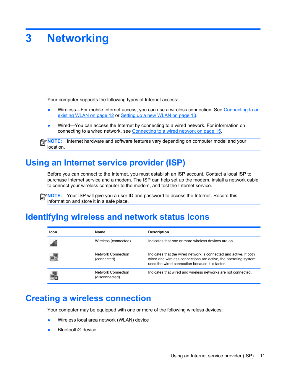 Networking, Using an internet service provider (isp), Identifying wireless and network status icons | Creating a wireless connection, 3 networking, 3networking | HP Pavilion dm1-4211nr Entertainment Notebook PC User Manual | Page 21 / 82