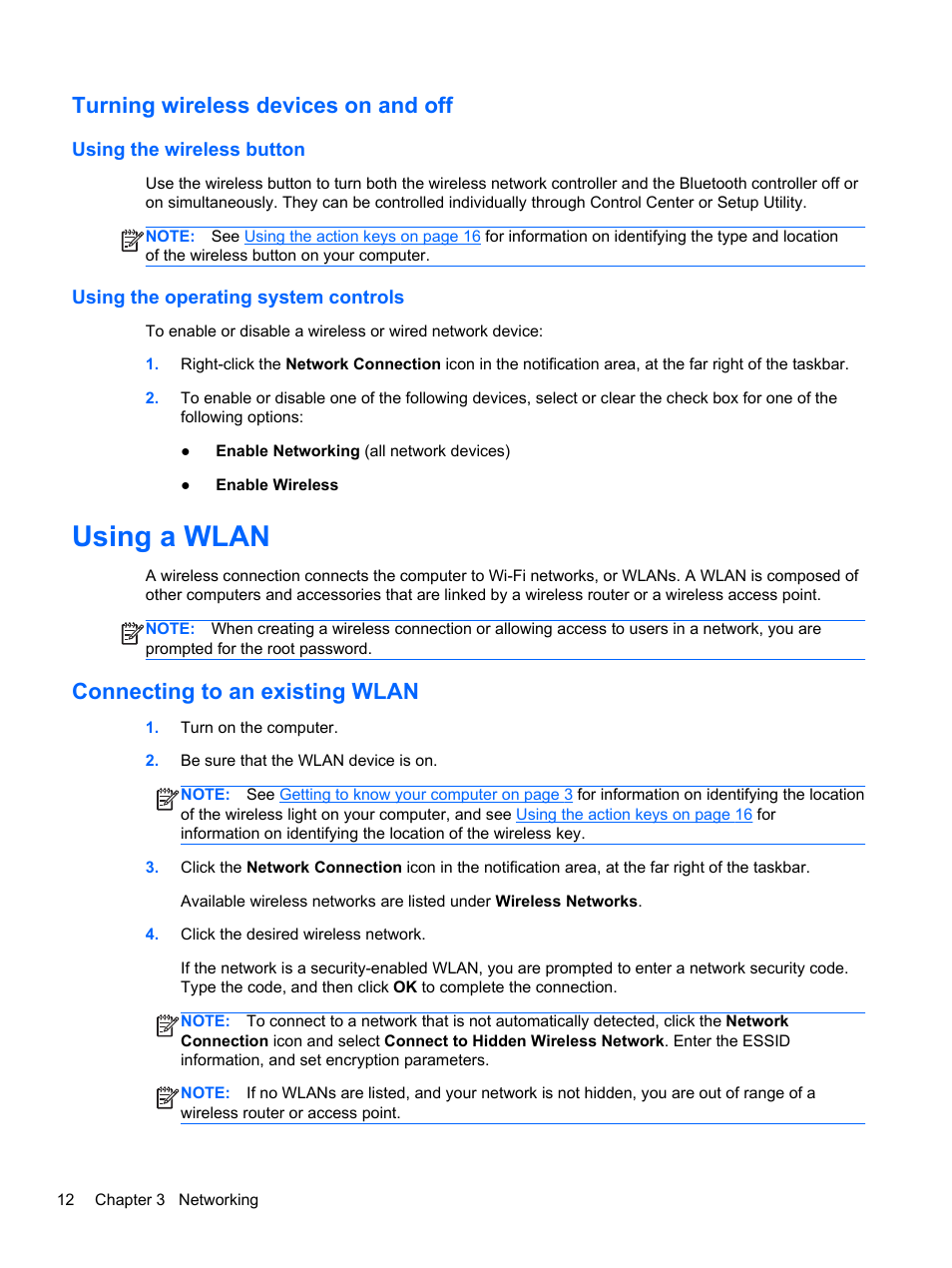 Turning wireless devices on and off, Using the wireless button, Using the operating system controls | Using a wlan, Connecting to an existing wlan, Connecting to an | HP Pavilion dm1-4211nr Entertainment Notebook PC User Manual | Page 22 / 82