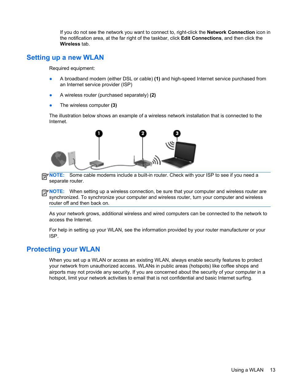 Setting up a new wlan, Protecting your wlan, Setting up a new wlan protecting your wlan | HP Pavilion dm1-4211nr Entertainment Notebook PC User Manual | Page 23 / 82