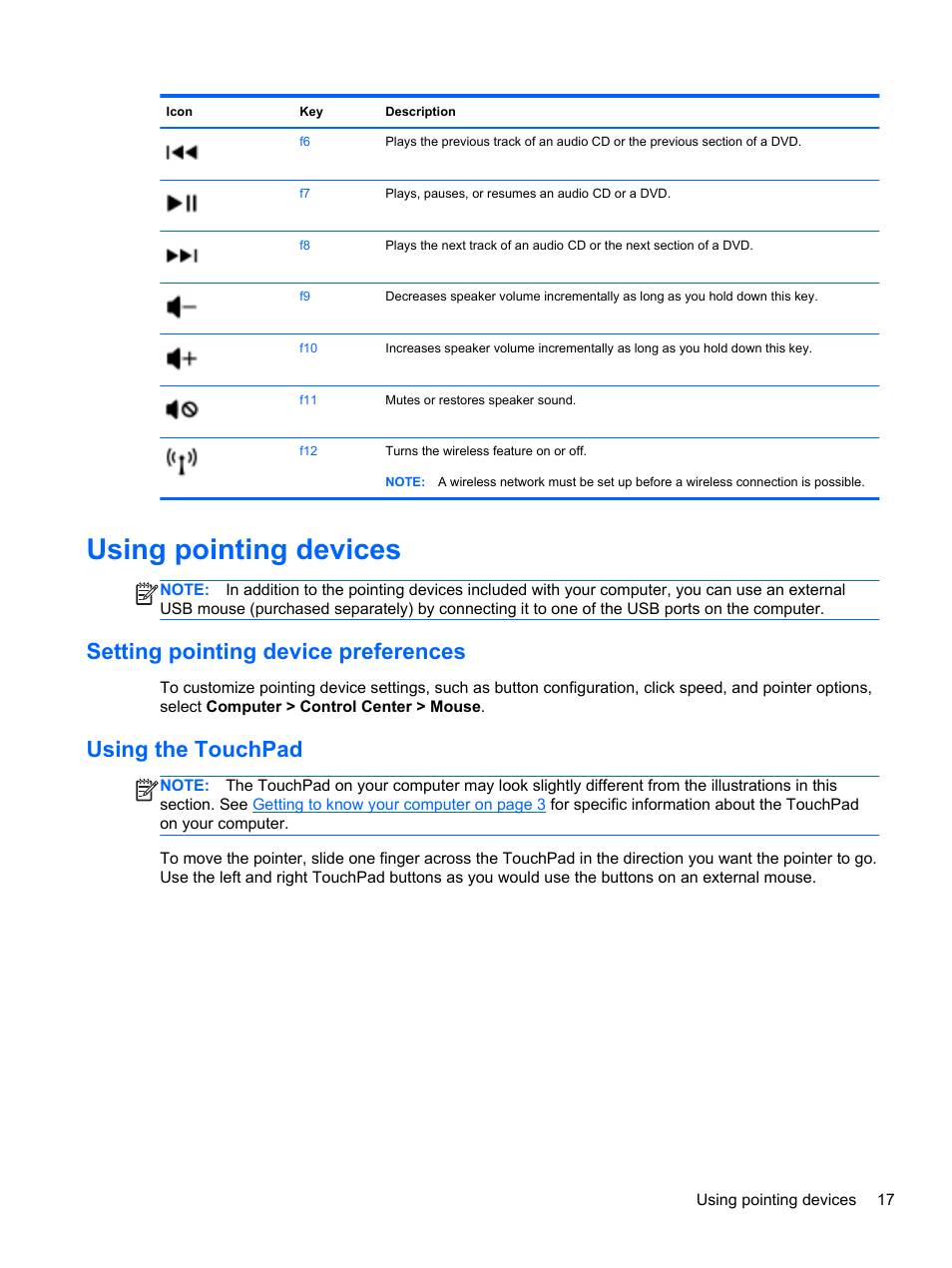 Using pointing devices, Setting pointing device preferences, Using the touchpad | HP Pavilion dm1-4211nr Entertainment Notebook PC User Manual | Page 27 / 82