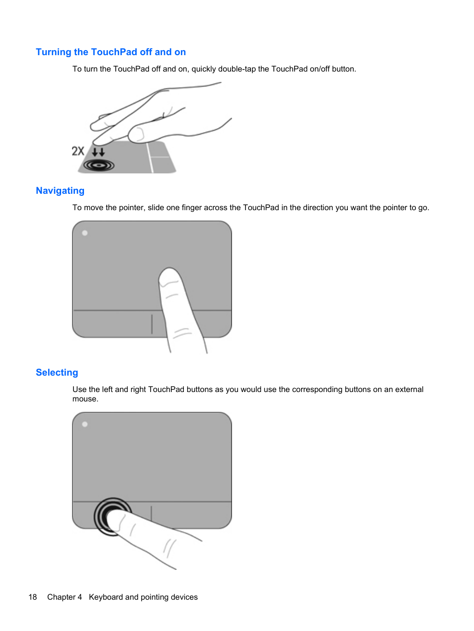 Turning the touchpad off and on, Navigating, Selecting | HP Pavilion dm1-4211nr Entertainment Notebook PC User Manual | Page 28 / 82