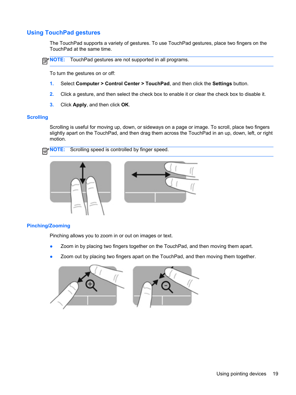 Using touchpad gestures, Scrolling, Pinching/zooming | Scrolling pinching/zooming | HP Pavilion dm1-4211nr Entertainment Notebook PC User Manual | Page 29 / 82