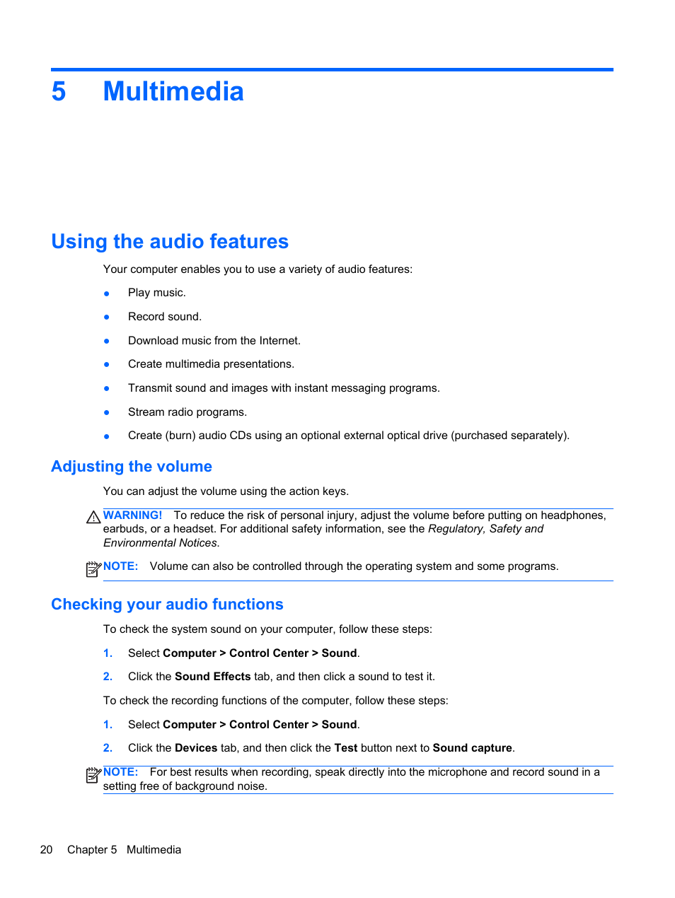 Multimedia, Using the audio features, Adjusting the volume | Checking your audio functions, 5 multimedia, Adjusting the volume checking your audio functions, 5multimedia | HP Pavilion dm1-4211nr Entertainment Notebook PC User Manual | Page 30 / 82