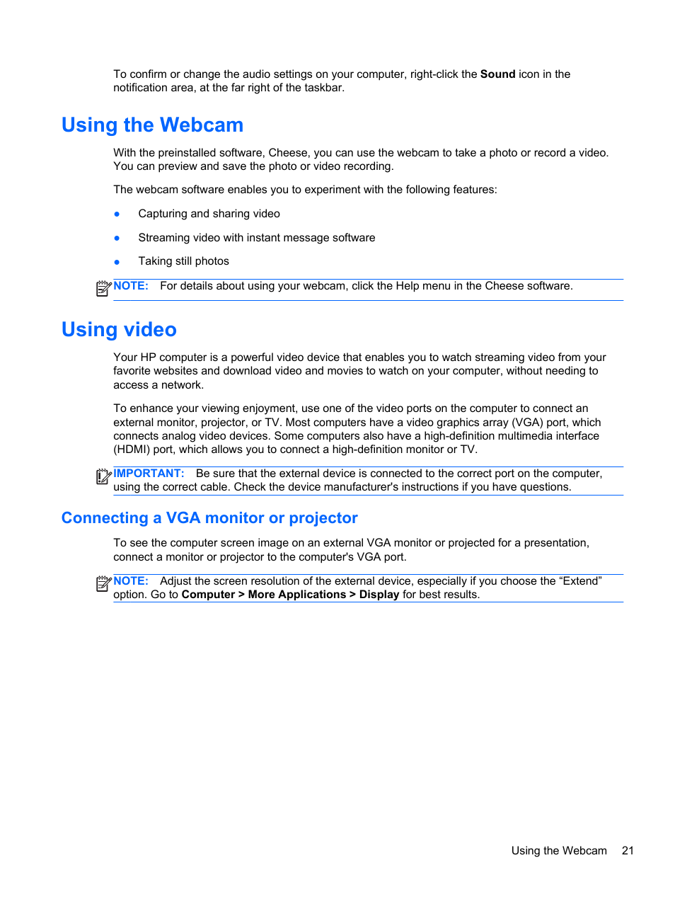 Using the webcam, Using video, Connecting a vga monitor or projector | Using the webcam using video | HP Pavilion dm1-4211nr Entertainment Notebook PC User Manual | Page 31 / 82