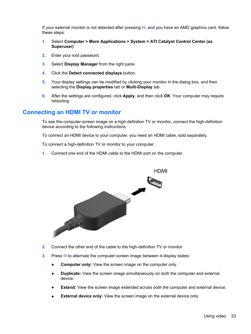 Connecting an hdmi tv or monitor | HP Pavilion dm1-4211nr Entertainment Notebook PC User Manual | Page 33 / 82