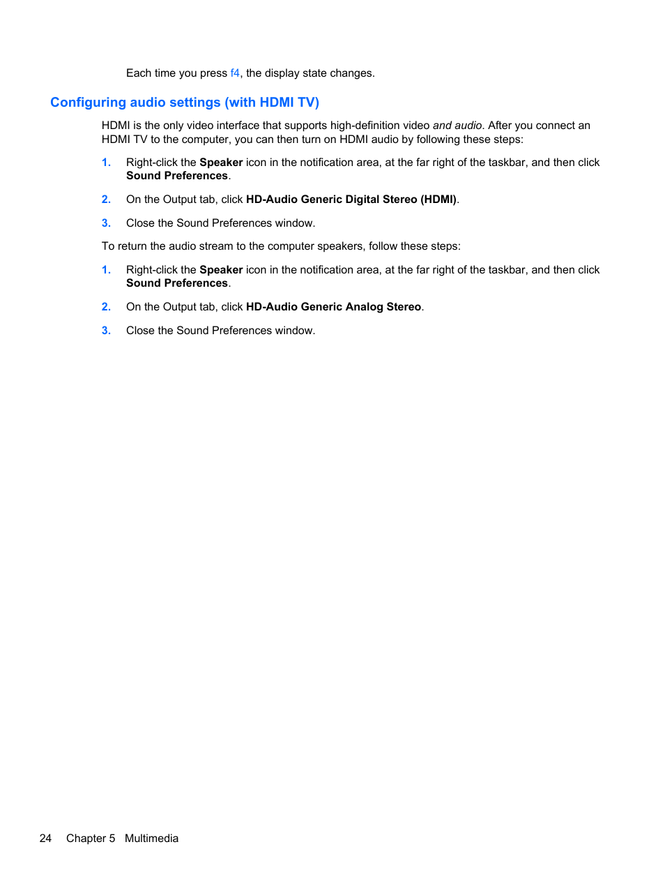 Configuring audio settings (with hdmi tv) | HP Pavilion dm1-4211nr Entertainment Notebook PC User Manual | Page 34 / 82