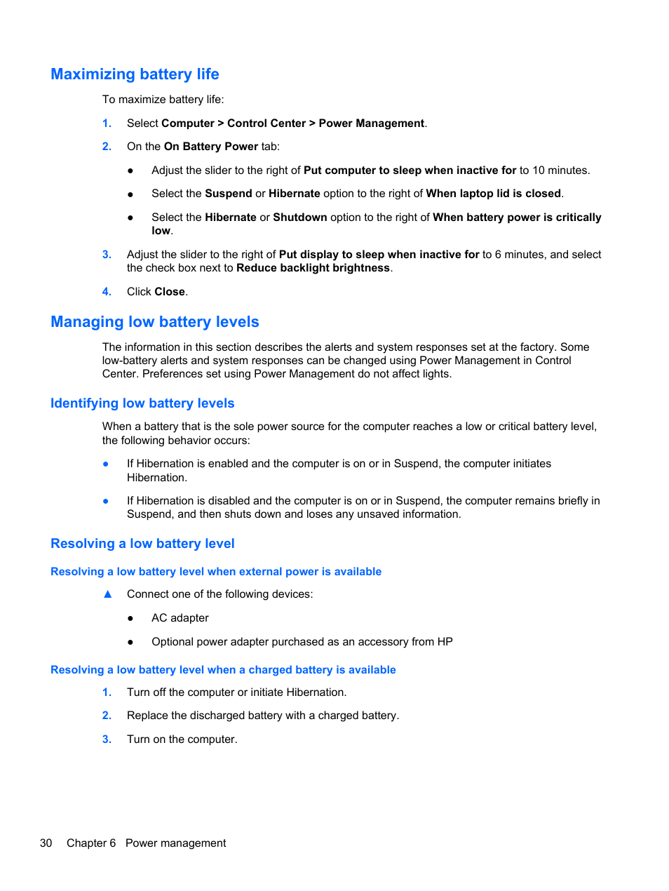 Maximizing battery life, Managing low battery levels, Identifying low battery levels | Resolving a low battery level | HP Pavilion dm1-4211nr Entertainment Notebook PC User Manual | Page 40 / 82