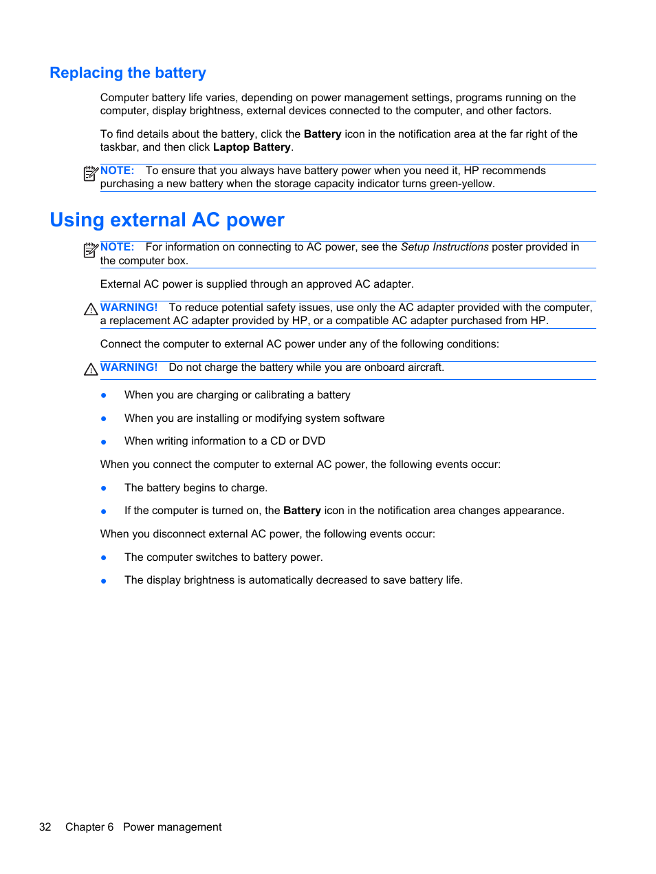 Replacing the battery, Using external ac power | HP Pavilion dm1-4211nr Entertainment Notebook PC User Manual | Page 42 / 82