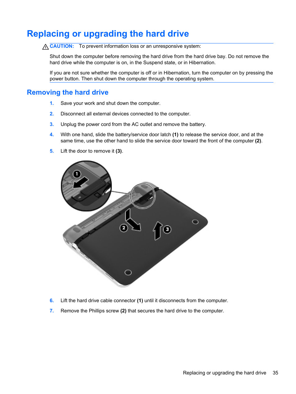 Replacing or upgrading the hard drive, Removing the hard drive | HP Pavilion dm1-4211nr Entertainment Notebook PC User Manual | Page 45 / 82