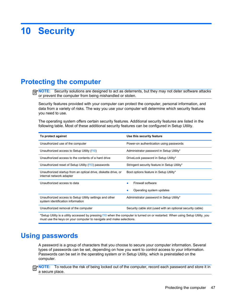 Security, Protecting the computer, Using passwords | 10 security, Protecting the computer using passwords | HP Pavilion dm1-4211nr Entertainment Notebook PC User Manual | Page 57 / 82