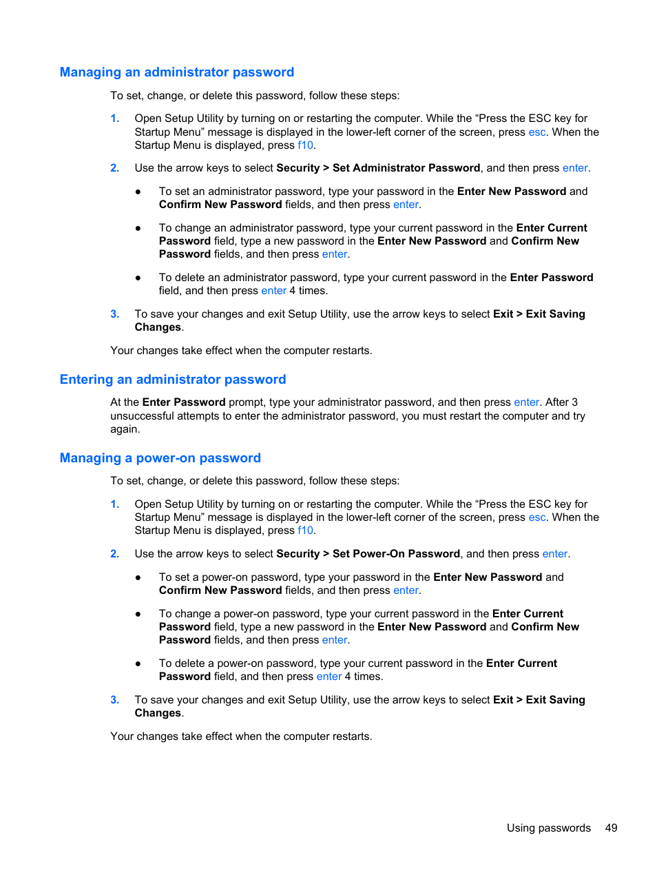 Managing an administrator password, Entering an administrator password, Managing a power-on password | HP Pavilion dm1-4211nr Entertainment Notebook PC User Manual | Page 59 / 82