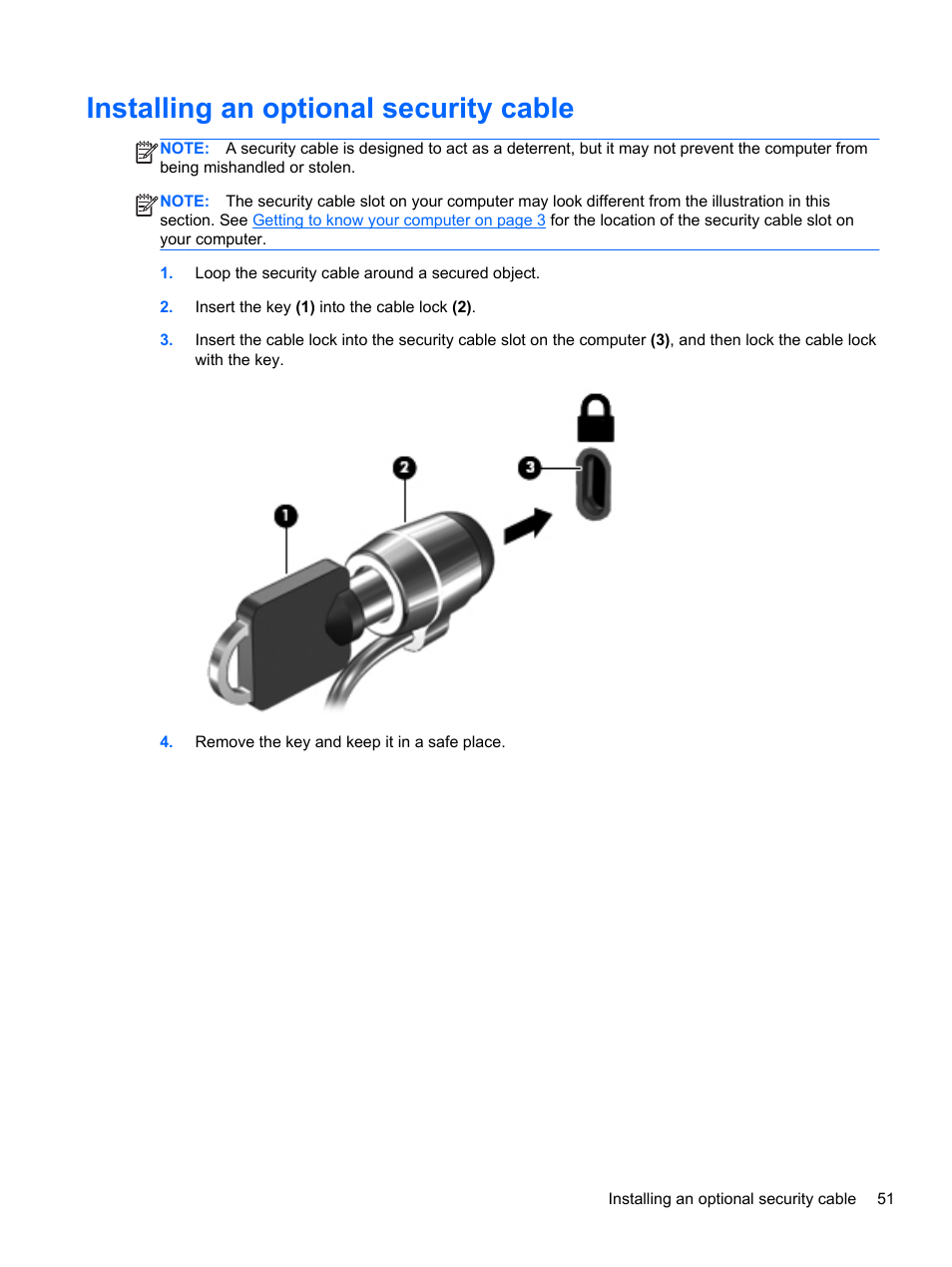 Installing an optional security cable | HP Pavilion dm1-4211nr Entertainment Notebook PC User Manual | Page 61 / 82