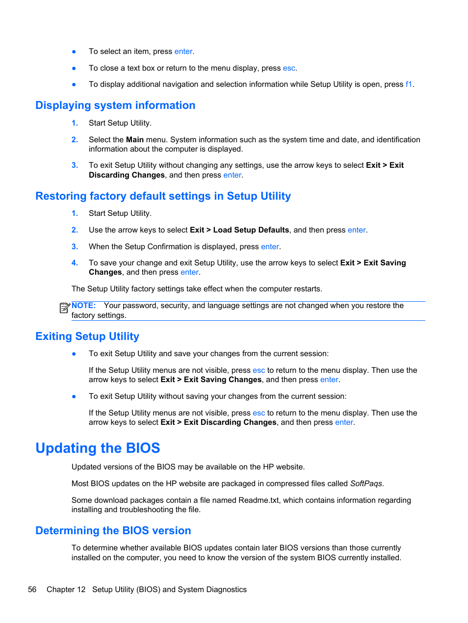 Displaying system information, Exiting setup utility, Updating the bios | Determining the bios version | HP Pavilion dm1-4211nr Entertainment Notebook PC User Manual | Page 66 / 82