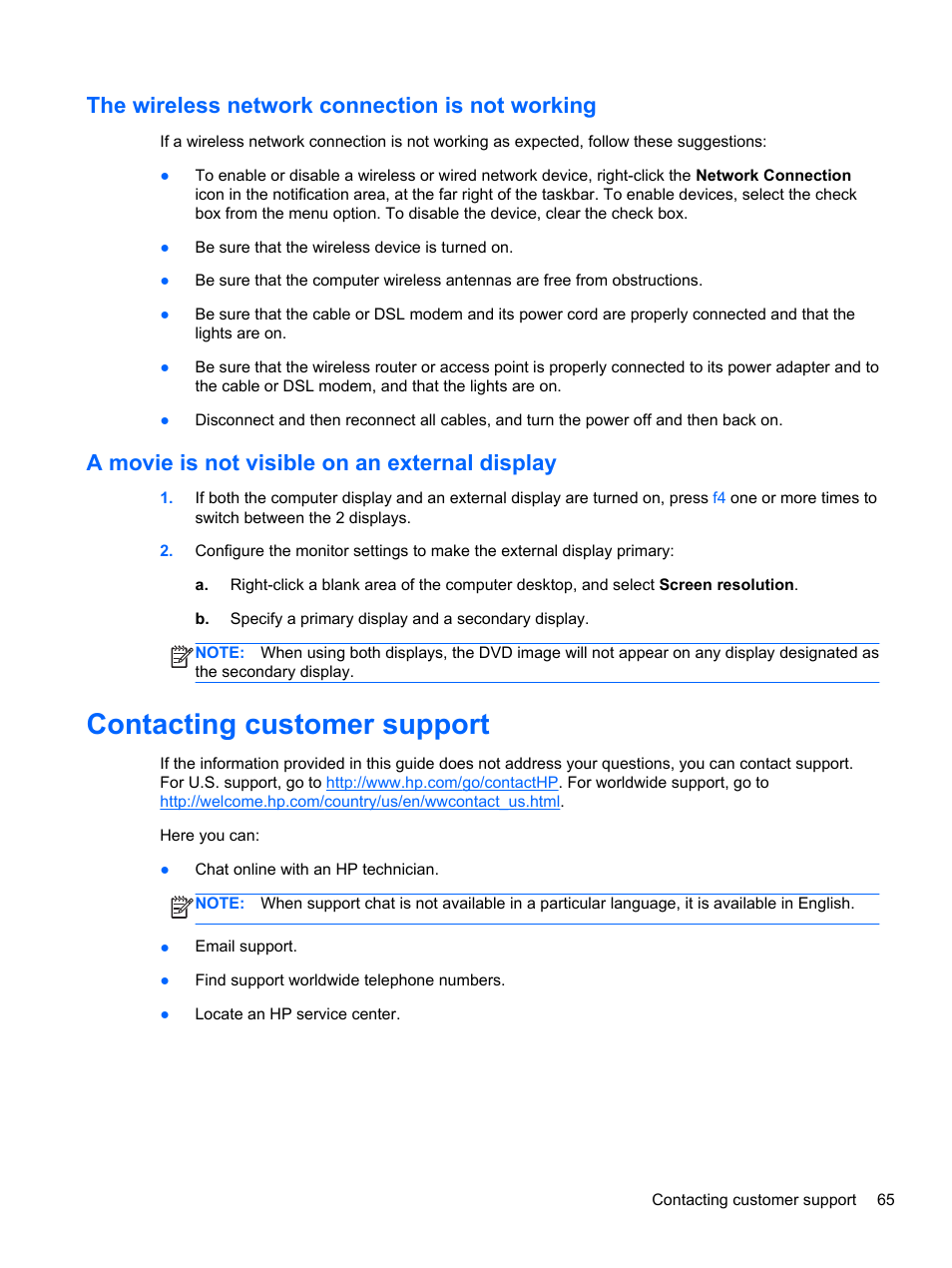 The wireless network connection is not working, A movie is not visible on an external display, Contacting customer support | HP Pavilion dm1-4211nr Entertainment Notebook PC User Manual | Page 75 / 82