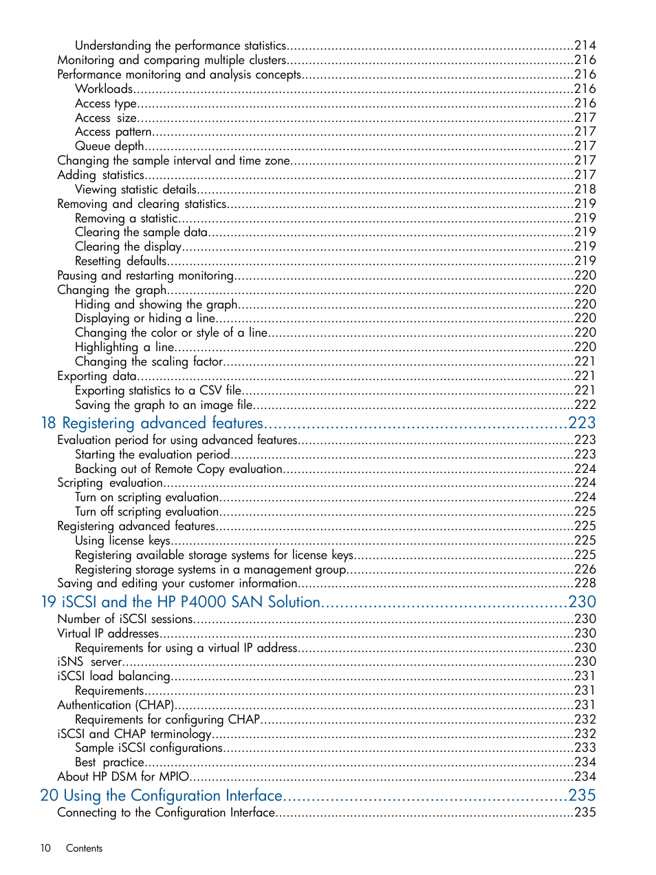 18 registering advanced features, 20 using the configuration interface | HP LeftHand P4000 Virtual SAN Appliance Software User Manual | Page 10 / 275